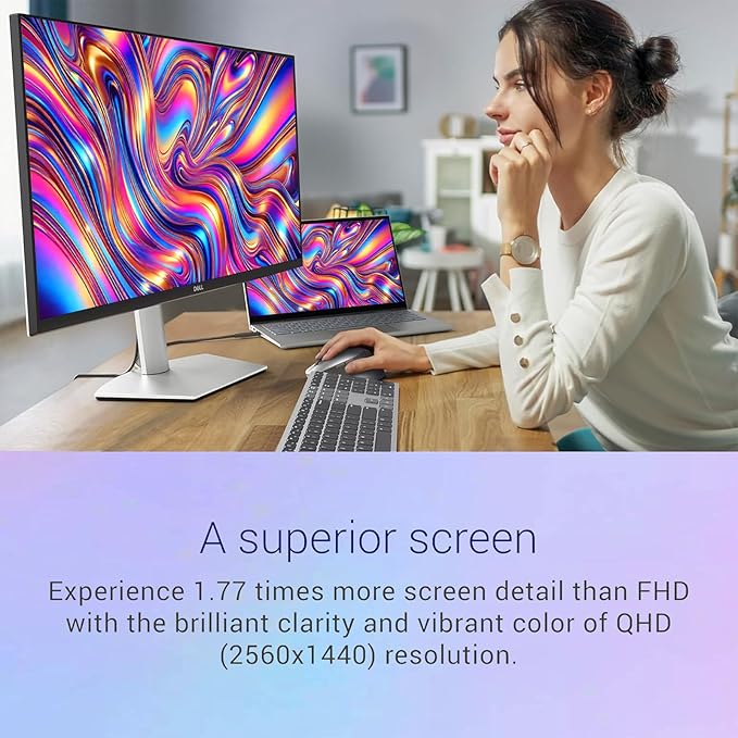 Dell 27 inch Monitor WQHD (2560x1440) 75Hz IPS Panel 4ms 99% sRGB AMD FreeSync VESA Low Blue Light 2 HDMI1 USB-C 2 USB-A 2x3W Speaker Ultra-Thin bezels Height/Tilt/Swivel/Pivot White