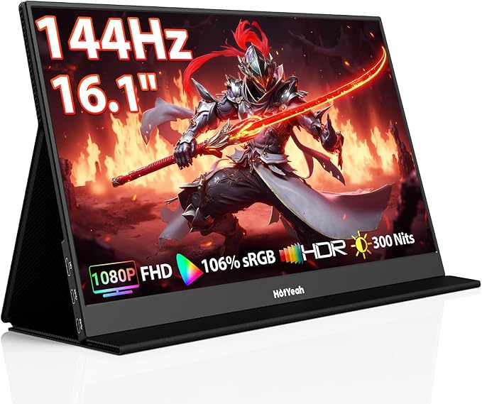 HotYeah Portable Travel Monitor 16.1'' 144Hz 1080P FHD Portable Monitor 106% sRGB HDR Display USB-C HDMI External Screen w/Smart Cover 2nd Screen for Laptop PC Mac Switch PS5/4 Xbox