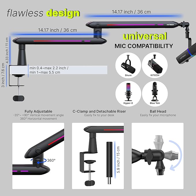 IXTECH RGB Low Profile Boom Arm for Mic Adjustable Microphone Arm Stand with Desk Mount Clamp Rotatable Microphone Boom Arm Mic Stand with Cable Management for Podcast Streaming Gaming Studio.