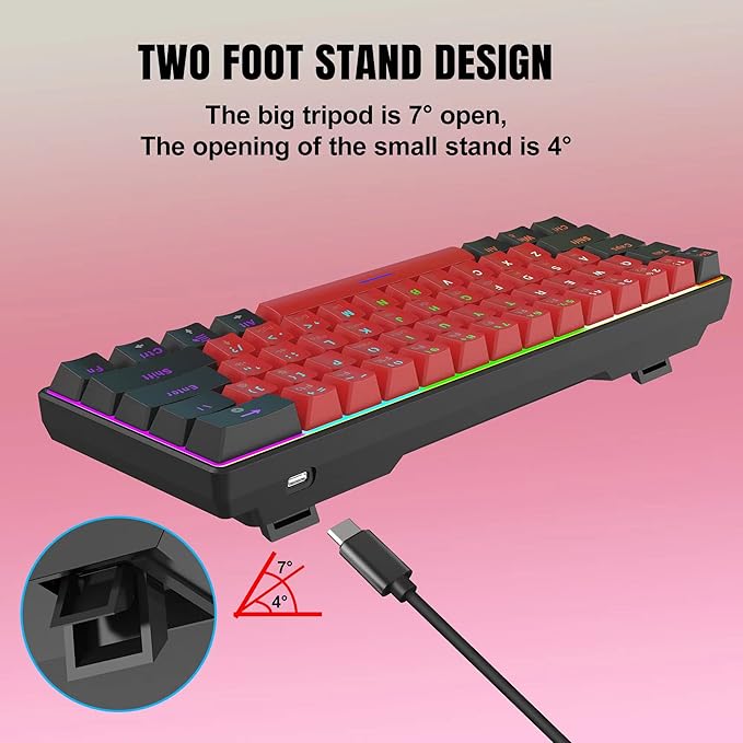 Snpurdiri 60% Wired Mechanical Keyboard Mini Gaming Keyboard with 61 Keys for PC Windows XP Win 7 Win 10 (Black-Red Red Switches)