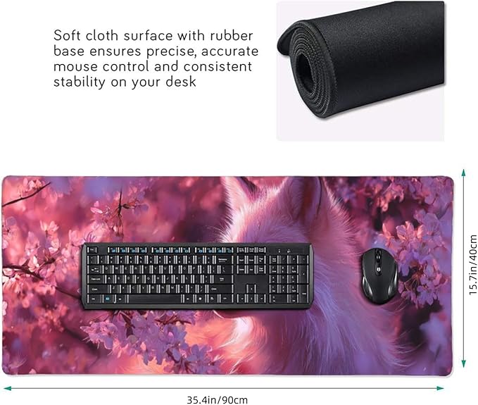 Cherry Blossom White Fox Gaming Mouse Pad Non-Slip Rubber Base 2XL Mousepad with Stitched EdgesWaterproof Washable Mouse Mat for Desk Home Office Gaming 16x35.5in