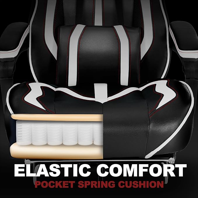 Vonesse Gaming Chair with FootrestReclining Computer Gaming Chair for AdultsBig and Tall Gamer Chair with MassageErgonomic High Back (White/Black)