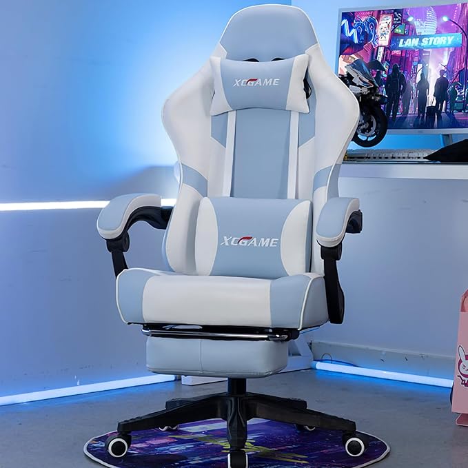 Comfy Ergonomic Gaming Chair with Footrest - Ultimate Comfort &amp Support for Home Office Gaming Neck &amp Lower Back Pain Relief Blue 26.8x20.1x51.6 in