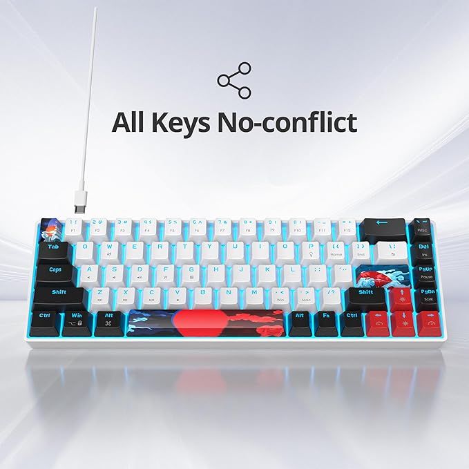 Protable 60% Percent Gaming Keyboard Mechanical Mini Compact Ice-Blue LED Backlit 68 Keys Wired Office Keyboard with Red Switch for Mac/Win/PS4/PS5（68White/red Switch）