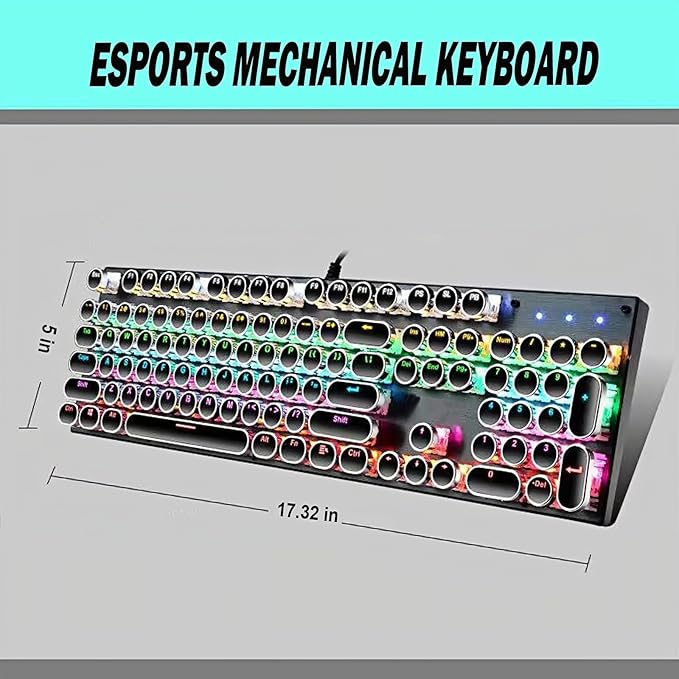 Guiheng Wired Typewriter Style Mechanical Gaming Keyboard Black Retro Punk Gaming Keyboard with RGB Backlit 104 Keys Blue Switch Wired Cute Keyboards Round Keycaps for Windows/Mac/PC