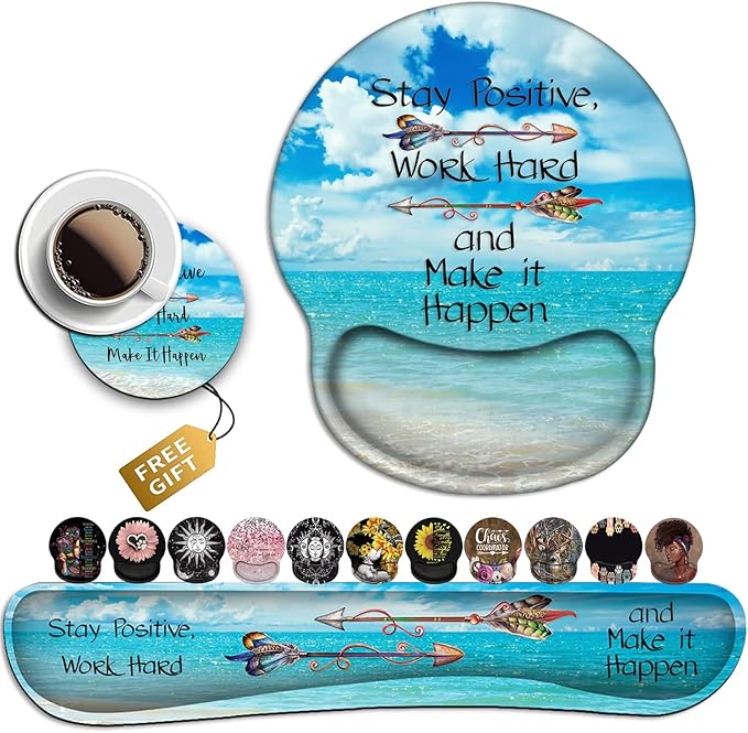 Mouse Pad Square Beach Style Anti-Slip Rubber Mousepad with Durable Stitched Edges for Gaming Office Laptop Computer PC Men Women Kids Stay Positive Work Hard and Blue Sky Ocean Cute Custom Pattern