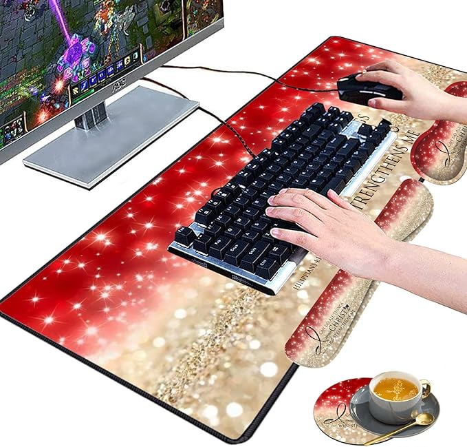 Large Gaming Mouse Pad Keyboard Wrist Rest pad + Mouse Wrist pad + Coaster Set Extended Waterproof Non-Slip Table mat Suitable for Home Office Learning Games - Bible Verse Pink Philippians 4-13