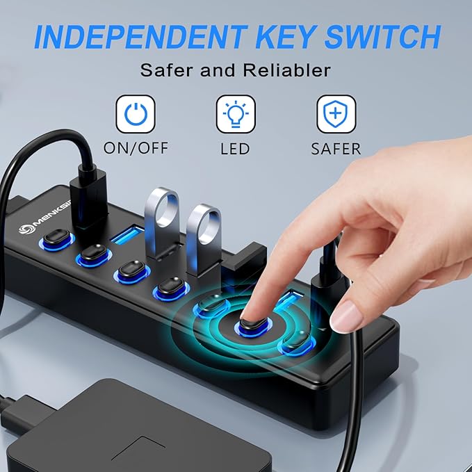 7-Port USB 3.2 Hub Data USB Hub Splitter with Individual On/Off Switches and Lights Compatible with Laptop PC MacBook Mac Pro Mac mini iMac Surface Pro and More
