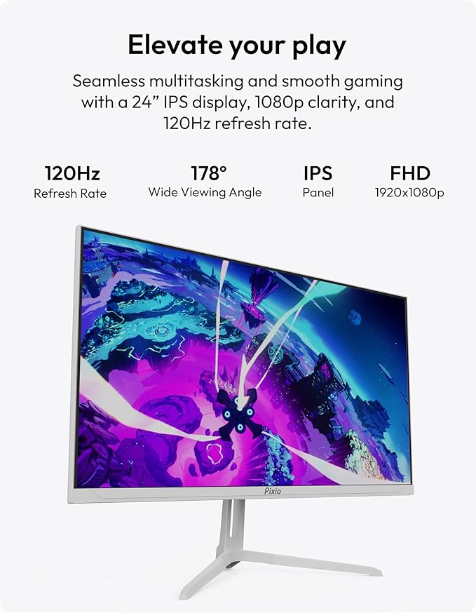 Pixio PX246 Wave White 24 inch 120Hz Refresh Rate FHD 1080p Resolution IPS Panel 4ms GTG Response Time Gaming Monitor PS1S Wave White Single Monitor Arm