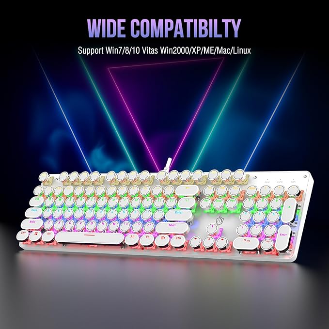 Typewriter Mechanical Gaming Keyboard with Rainbow Light Backlit Red Switches 104 Keys Retro Round Keycap Wired Typewriter Style Comfortable Typing Soud (White LED)