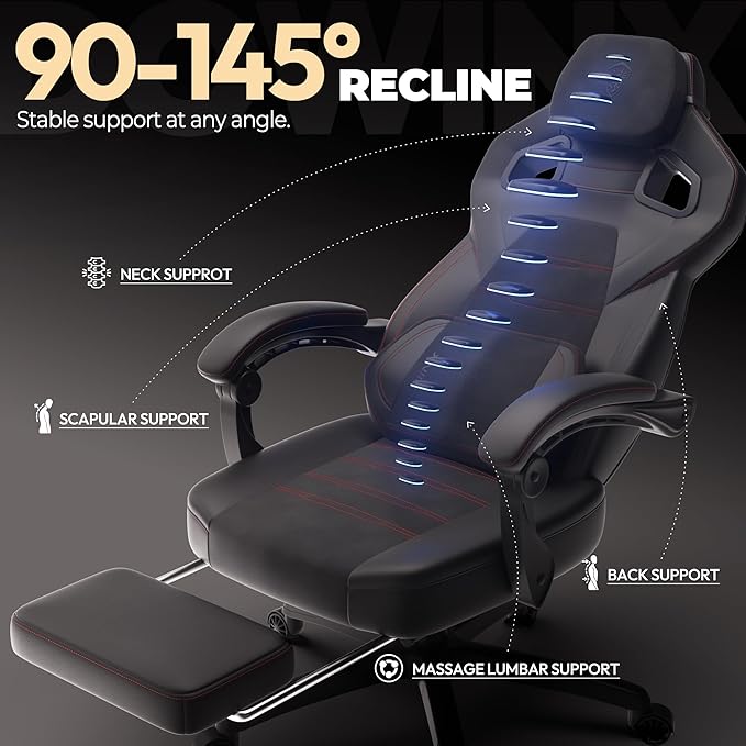 Dowinx PU Leather Gaming Chair with Footrest Big and Tall Ergonomic Computer Chair with Lumbar Support Wide Back Gamer Chair for Heavy People Black
