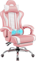 Yaheetech Gaming Chair Video Game Chair with Massage Lumbar Support and Footrest Height Adjustable Ergonomic Computer Chair with Swivel Seat and Headrest Pink/White