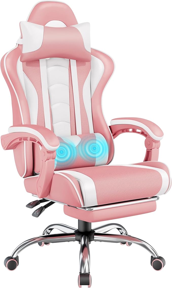 Yaheetech Gaming Chair Video Game Chair with Massage Lumbar Support and Footrest Height Adjustable Ergonomic Computer Chair with Swivel Seat and Headrest Pink/White