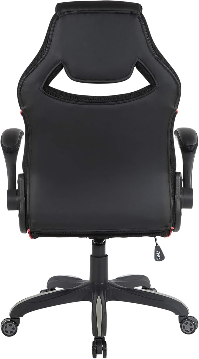 OSP Home Furnishings Xeno Ergonomic Adjustable Faux Leather Gaming Chair with Integrated Headrest and Airflow Cooling Material Black with Red Accents