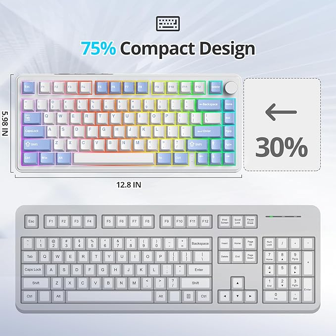 Fogruaden M75 Wireless Creamy 75% Mechanical Gaming Keyboard Hot Swappable Custom RGB Backlit Gasket Pre-lubed Linear White Switches Bluetooth/2.4GHz/USB-C Five-Layer Pad&ampKnob
