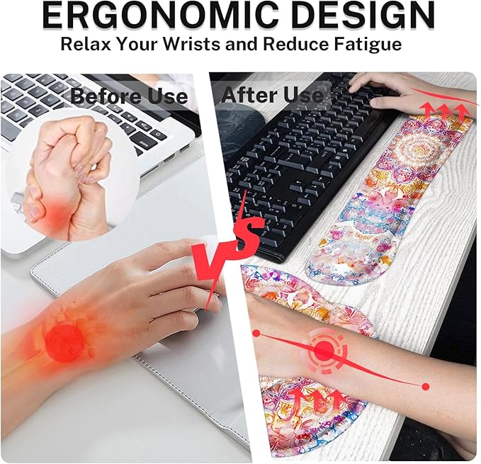 Arttown Boho Flower Floral Desk Mat Ornate Colorful Mouse Pad Set 4 in 1 Vintage Ergonomic Design Large Desk Pad + Keyboard Wrist Rest + Mouse Wrist Rest + Coaster Suitable for Home Office Study Game
