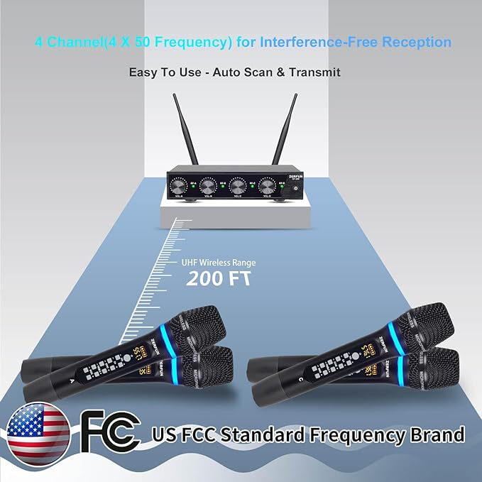 Rechargeable Wireless Microphone System 4 Channel Pro UHF Metal Handheld Wireless Mics Cordless for Church Karaoke Singing with Echo Treble BASS VOL Channel Control(GT-200)