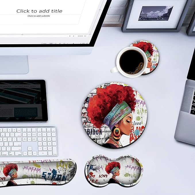 Keyboard Wrist Rest +White Mouse Pad + Mouse Wrist Rest Support Set+ Coaster Ergonomic Memory Foam4Pcs Keyboard Mouse Pad Set for Computer Home &amp Office African Woman Graffiti Girls