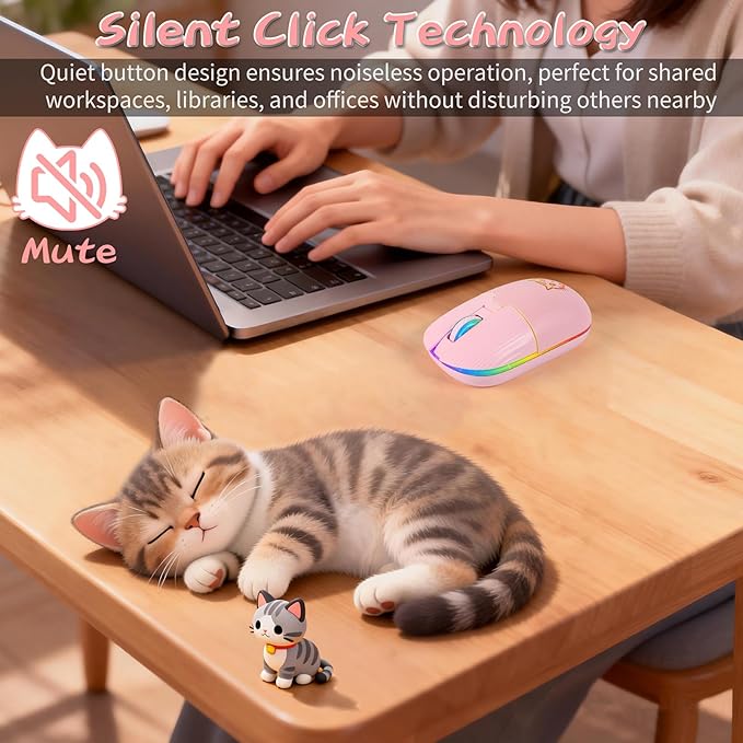 RGB Wireless Mouse Type-C Rechargeable Silent Buttons LED Breathing Light Cat Pattern for Laptop and Desktop