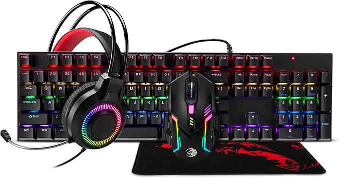 Gaming Mechanical Keyboard and Mouse and Mouse pad and Gaming Headset Wired LED RGB Backlight Bundle for PC Gamers and Xbox and PS4 Users - 4 in 1 Edition