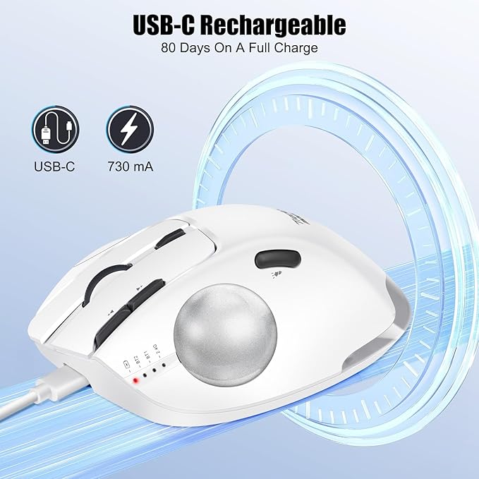 TRELC Wireless Trackball Mouse Ergonomic Rollerball Mouse with 4800 DPI/7 Programmable Buttons Thumb Control Mice Rechargeable Optical Mouse for 3 Devices for Windows PC Laptop Tablet (White)