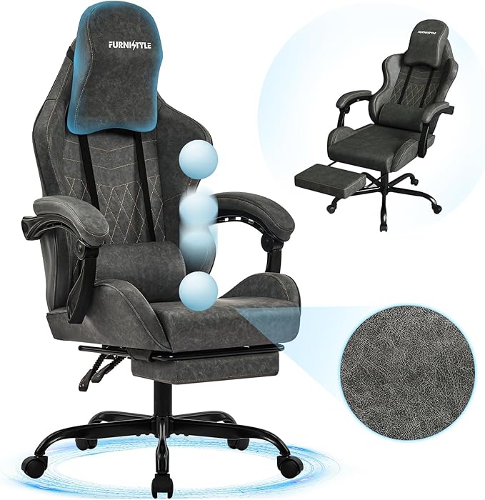 Gaming Chair Big and Tall Grey Leather Video Game Chairs with Footrest Padded Linkage Armrests &amp Large Headrest Ergonomic Computer Chair 350lbs for Adults Gaming or Office Use