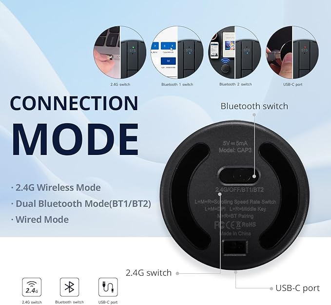Stylish Mini Round Mouse with Pressure Sensing Reel Ultra Portable Wireless Mouse Connectivity: Wired 2.4G and Dual Bluetooth Rubber Case Included (BT1/BT2-Black)
