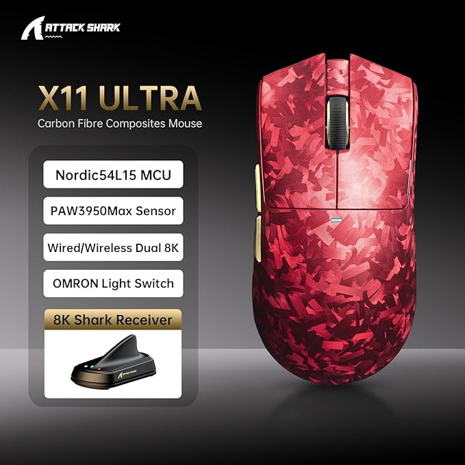 ATTACK SHARK X11 Ultra 8K Carbon Fiber Wireless Gaming Mouse with 42000 DPI-PAW3950 MAX Sensor-59g LightweightNordic 54L15 MCU ChipWired/BT/2.4Ghz100 Million ClicksProgrammable for PC Mac FPS(Red)