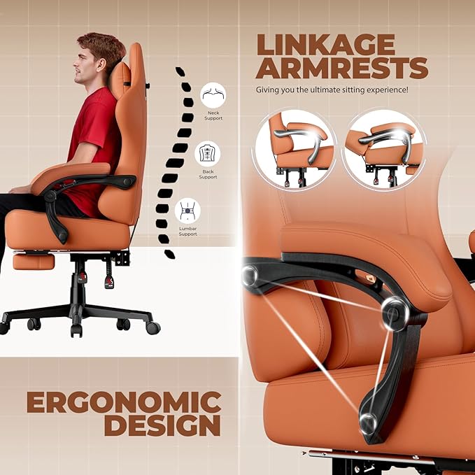 GTPLAYER Gaming Chair with Pocket Spring Cushion Big and Tall Gamings Chairs 350LBS High Back Computer Chair with Footrest for Adults Lumbar Support Swivel Game Chair for Office Leather Orange