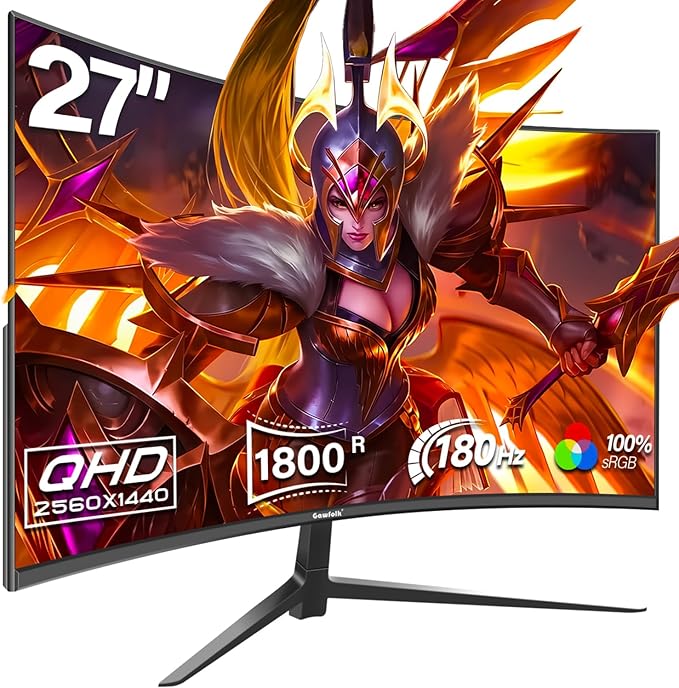 Gawfolk 27 Inch Gaming Curved Monitor 180Hz QHD 2560x1440p PC Monitor with AMD FreeSync Flicker-Free HDMI 2.0 DP 1.4 Ultra-Thin Frameless 2K Computer Screen