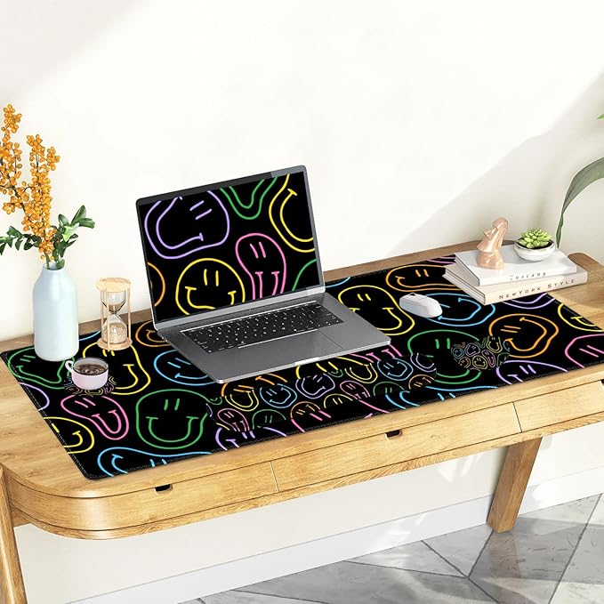 Large Gaming Mouse Pad Set 4 in 1 Extended Keyboard Desk Mat with Wrist Rest Computer Game Mousepad Non-Slip Desk Pad Protector Easy Typing Pain Relief for Home Office I Black Retro Hippie
