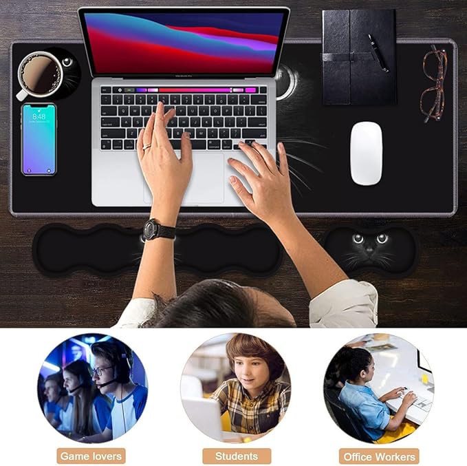 Ergonomic Keyboard Wrist Rest &amp Mouse Pad Wrist Rest Set Large XXL Gaming Desk Mat 31.5x 11.8 with Memory Foam Easy Typing Pain Relief for Office &amp Home Cute Black Cat Face