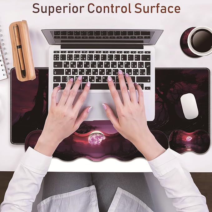 Large Gaming Table Pad 31.5 x 11.8 + Keyboard Wrist Pad + Mouse Wrist Pad + Coaster Non-Slip Base 4-in-1 Set Ergonomic Memory Foam Easy Typing Pain Relief Eerie Pink Purple Moon River