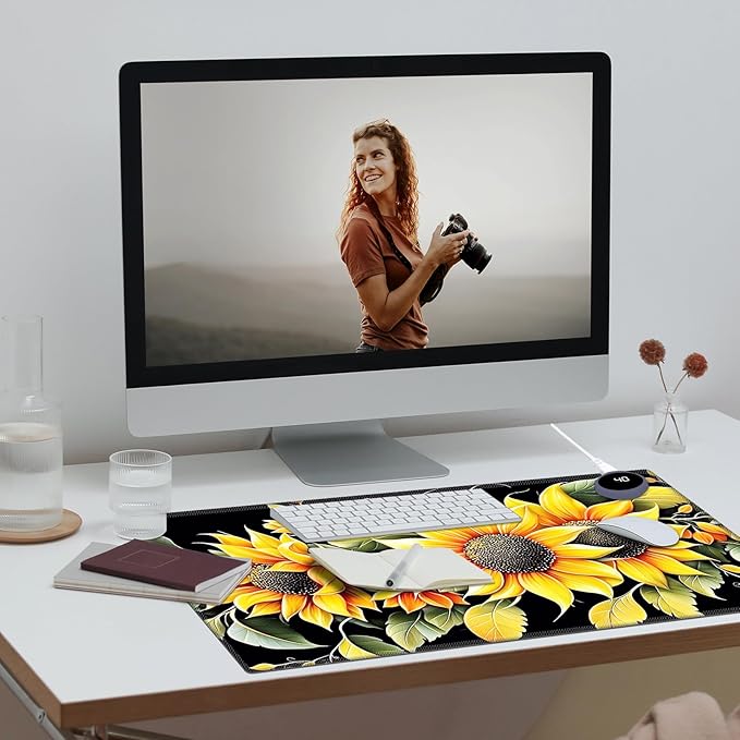 Warm Desk Pad Warm Mouse Pad Gaming Office Desk Matwith 3 Levels Heated &amp 3 Hours Auto Shut - 31.5 x 13 inch PU Leather Laptop Keyboard Mat for Home Office Hand WarmerBeautiful Sunflower -91