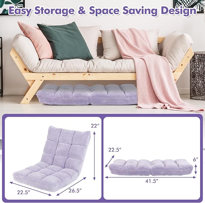 COSTWAY Floor Chair Video Gaming Chairs with Back Support Adjustable 14-Position Alloy Steel Frame Soft Coral Fleece Lazy Sofa Lounge for Reading Living Room Recliner for Adults Kids (Lavender)