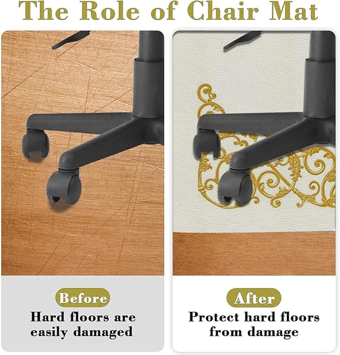White Gold PU Leather Round Desk Chair Mat Curved Flower Lines Office Chair Mat for Hardwood Floors Premium Floor Protector Chair Mat Desk Rug for Home Office Baroque Side Frame Diameter 39.4 in