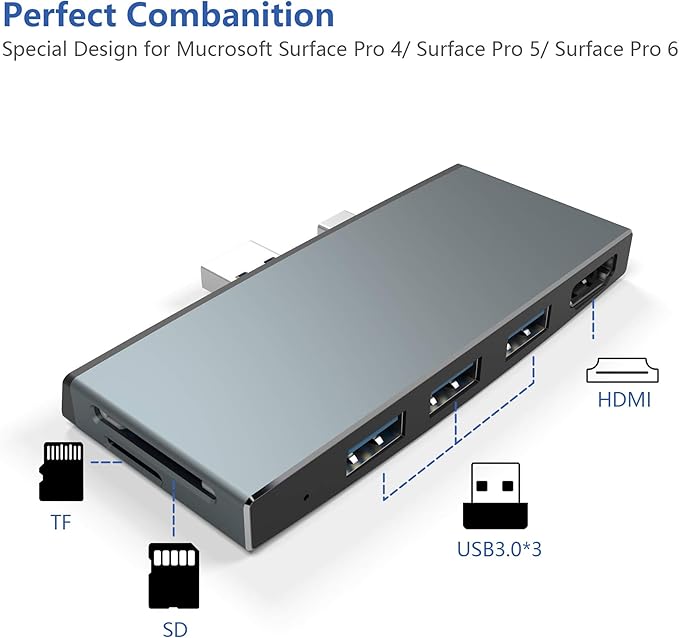 Surface Pro 6/ Pro 5/ Pro 4 Docking Station USB Hub Surface Pro Docking Station with 4K HDMI 3X USB3.0 Ports SD/TF Card Reader Accessories for Microsoft Surface Pro 4/5/6