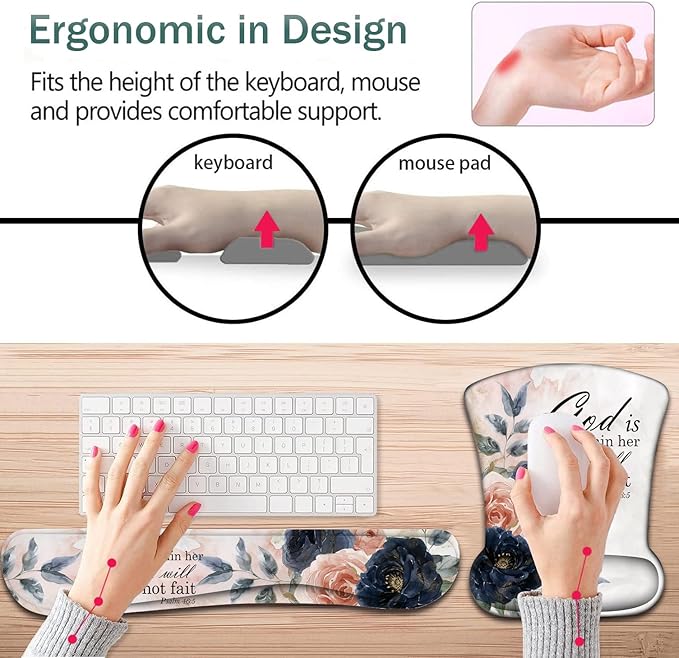 Keyboard Wrist Support + Wrist Mousepad + Coaster Combination Non-Slip PU Base with Gel Memory Mousepad Suitable for Gaming Office Pain Relief Mousepad Set - Psalm 46:5 Floral
