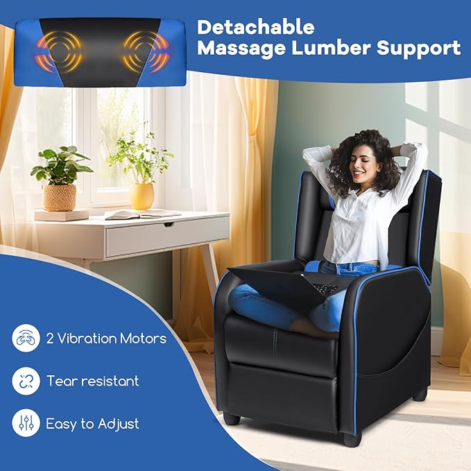 Goplus Massage Gaming Recliner Chair Racing Style PU Leather Single Recliner Sofa with Footrest Adjustable Modern Living Room Recliners Ergonomic Home Theater Recliner Seat (Blue)