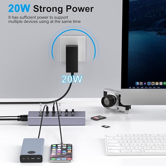 Powered USB Hub with TF/SD Card Reader 8-Port USB 3.0 Hub with 6 USB 3.0 Data Ports USB Spilter with Individual On/Off SwitchesAluminum USB Hub with AC Adapter for PC Desktop MacBook