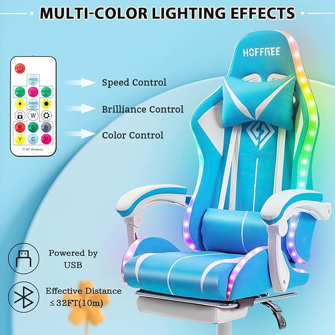 RGB Gaming Chair with LED Lights Ergonomic Massage Computer Chair with Footrest Reclining Video Game Chair with Adjustable Lumbar Support High Back Game Chairs for Adults Light Blue and White