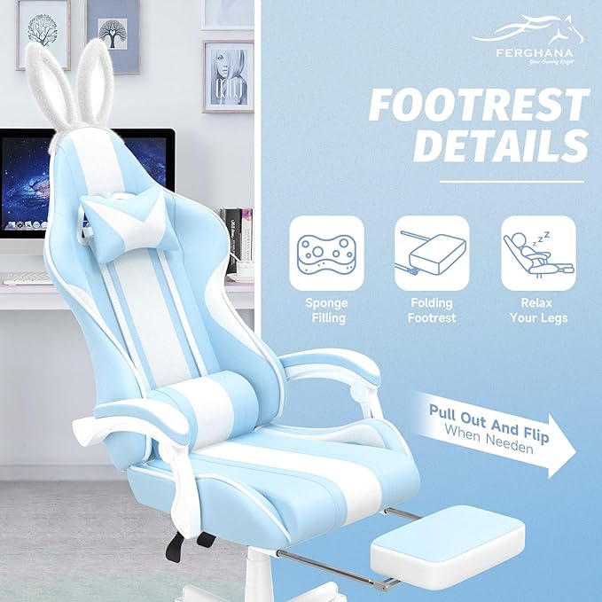 Ferghana Kawaii Bunny Ears Gaming Chair Cute Gamer Chair with Footrest and Massage Leather Ergonomic Computer Game Chairs for Girls Adults Teens Kids Light Blue