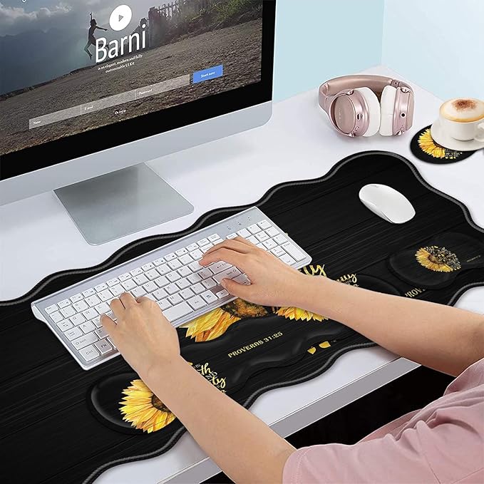 Bxgolkgd Desk Mat SetMouse Pad with Keyboard Wrist Rest &amp Mouse Wrist RestWave-Shaped DesignNon-Slip Rubber BaseErgonomic Desk Mat for HomeOfficeGamingQuote Bible Verse Proverbs 31:25
