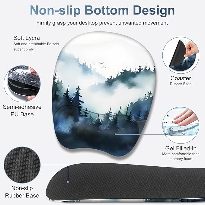 Large Mouse Pad Keyboard Wrist Rest Set Ergonomic Mouse Pad with Wrist Support Desk Mat with Stitched Edges + Coaster Extended Desk Pad Waterproof Desk Mat for Home Office Game I Misty Forest