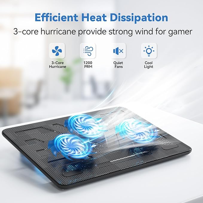 TECKNET Laptop Cooling Pad Portable Slim Quiet USB Powered Laptop Notebook Cooler Cooling Pad Stand Chill Mat with 3 Blue LED Fans Fits 12-17 Inches