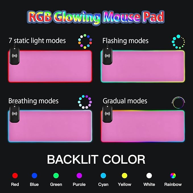 Light Mouse Pad Gaming Mousepad Non Slip Desk Mat Wireless Charging RGB Computer Mouse Pads Keyboard Pad Mats for Desktop Office Home 35.4 x 15.7 in