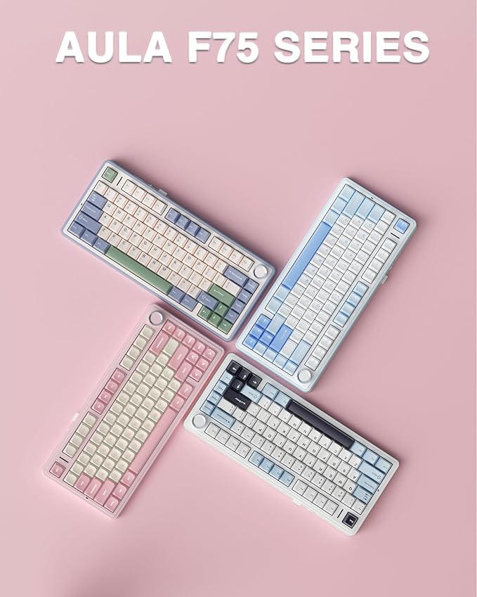 AULA F75 75% Wireless Mechanical Keyboard Hot Swappable Pink Creamy Keyboard Pre-lubed Linear Switches PBT Keycaps 2.4GHz/Type-C/BT5.0 RGB Backlit Computer Gaming Keyboards for Office/Laptop/PC