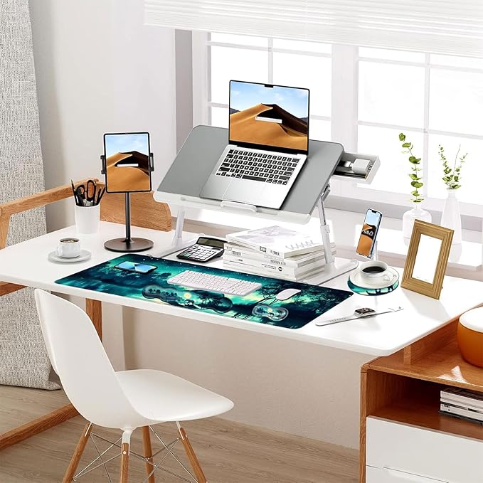 Keyboard Mouse Pad Set Extended Gaming Mouse Pad+Ergonomics Keyboard Wrist Rest Support Memory Foam Easy Typing Pain Relief 4Pcs XL Ultra Thick Desk MatMoonlit Elephant in Water