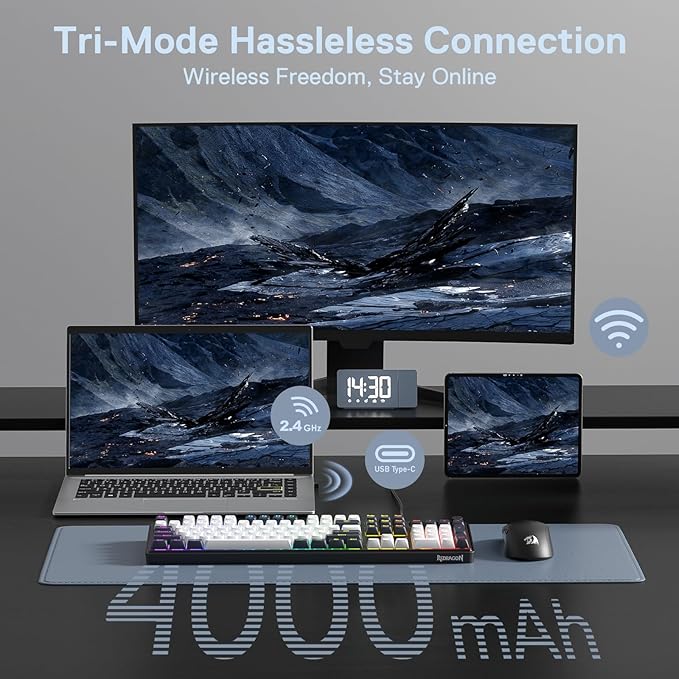 Redragon K761 Wireless Gasket Gaming Keyboard w/Hype Screen &amp Knob 104 Keys Mechanical Keyboard Easy-Control 1.26’ TFT Info Display 5-Layer Noise Dampening Custom Linear Switch Abyssal Blue