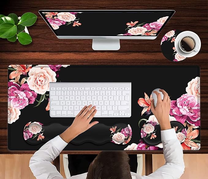 Black Mouse PadKeyboard Mouse Pad SetExtended Gaming Mouse Pad + Memory Foam Keyboard Wrist Rest SupportPeony Flower Office Desk Mat Writing Pad Easy Typing Pain ReliefXXL Large Mousepad Desk Mat